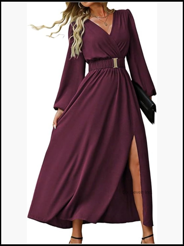 Polyester Long Sleeve Formal Wrap Maxi Dress With Split